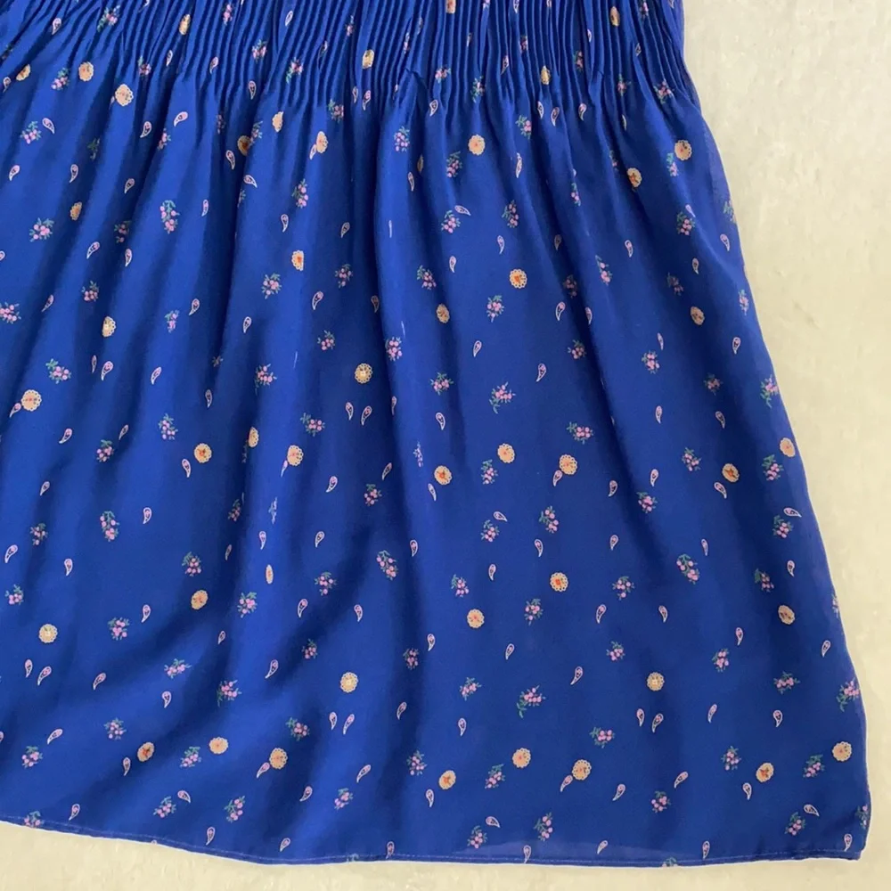 Vintage | Puff Sleeve Accordion Pleat Drop Waist Midi Dress Blue Floral Boho - Picture 10 of 16
